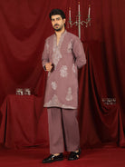 Luxe Men's Japanese Fabric Zari Embroidered Design with Sequinned V-Neck Kurta with Trouser Set - Coral