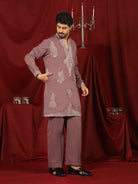 Luxe Men's Japanese Fabric Zari Embroidered Design with Sequinned V-Neck Kurta with Trouser Set - Coral