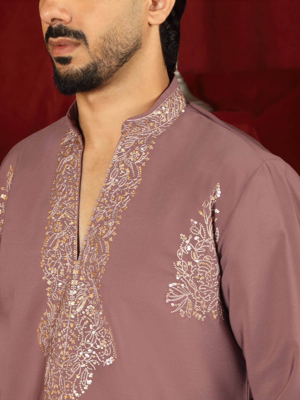 Luxe Men's Japanese Fabric Zari Embroidered Design with Sequinned V-Neck Kurta with Trouser Set - Coral