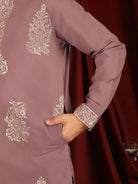 Luxe Men's Japanese Fabric Zari Embroidered Design with Sequinned V-Neck Kurta with Trouser Set - Coral