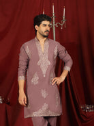 Luxe Men's Japanese Fabric Zari Embroidered Design with Sequinned V-Neck Kurta with Trouser Set - Coral