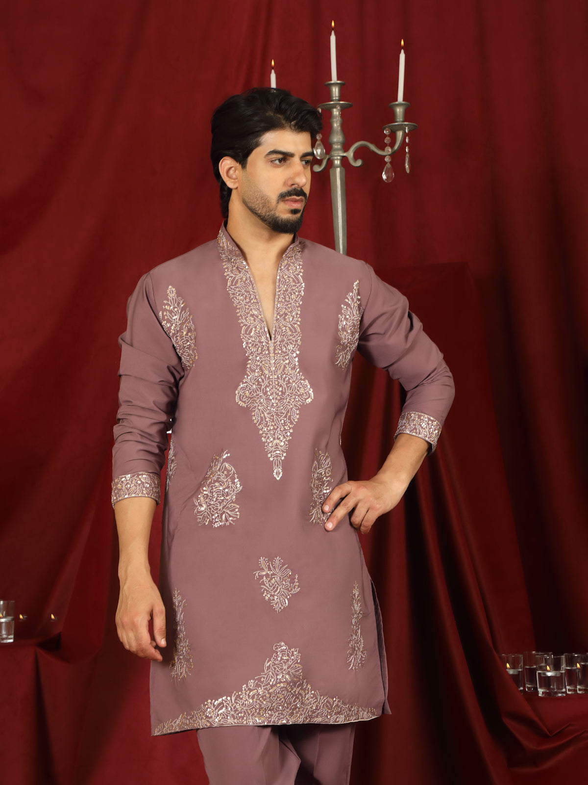 Luxe Men's Japanese Fabric Zari Embroidered Design with Sequinned V-Neck Kurta with Trouser Set - Coral
