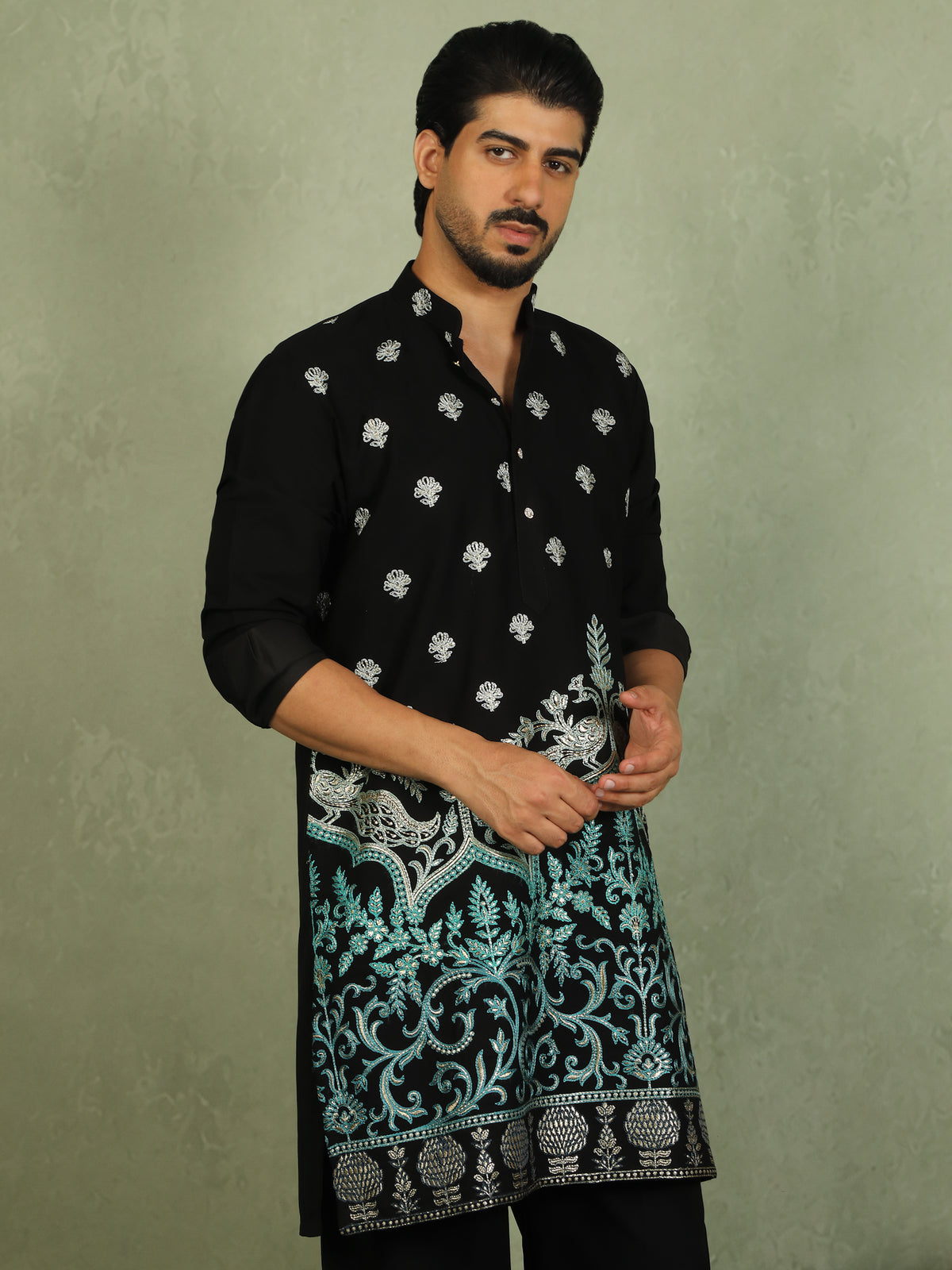 Luxe Men's Japanese Fabric Ethnic Motifs with Zari Birds Embroidered Kurta - Blue
