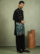 Luxe Men's Japanese Fabric Ethnic Motifs with Zari Birds Embroidered Kurta - Blue