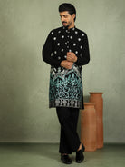 Luxe Men's Japanese Fabric Ethnic Motifs with Zari Birds Embroidered Kurta with Trouser Set - Blue