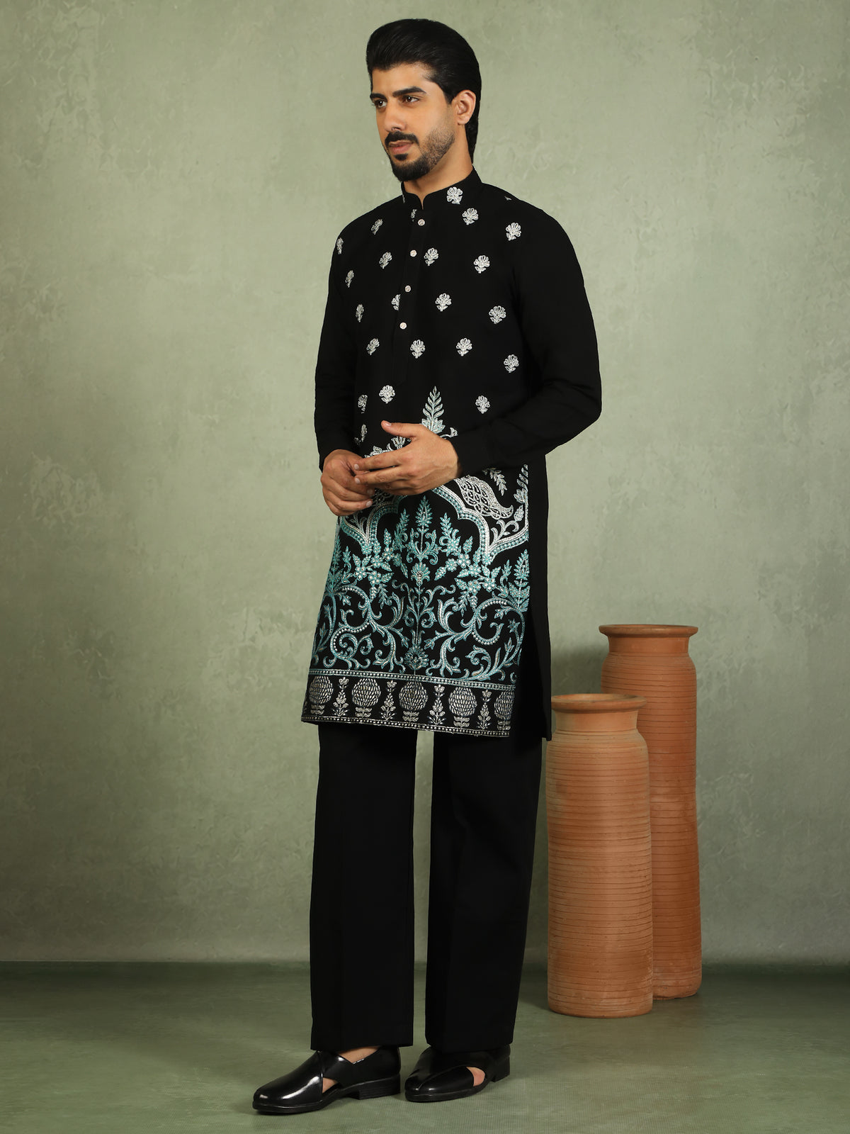 Luxe Men's Japanese Fabric Ethnic Motifs with Zari Birds Embroidered Kurta with Trouser Set - Blue
