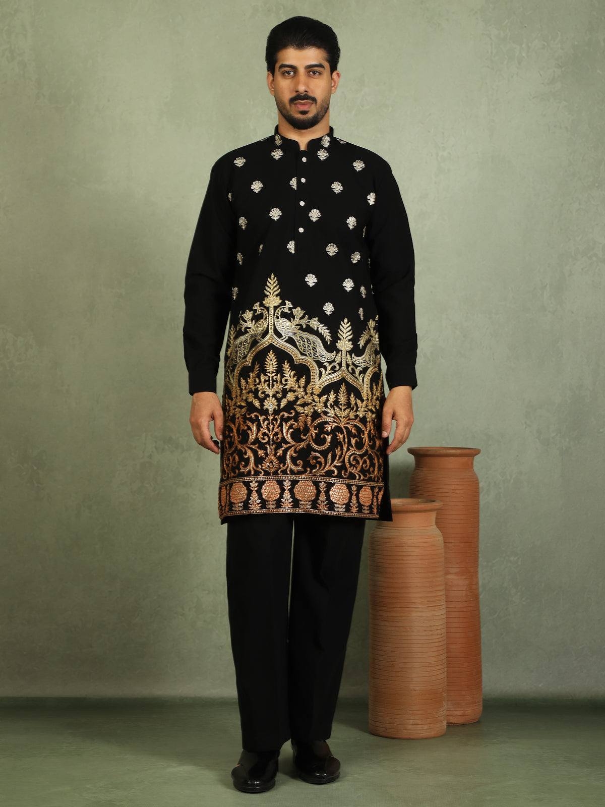 Luxe Men's Japanese Fabric Ethnic Motifs with Zari Birds Embroidered Kurta - Orange