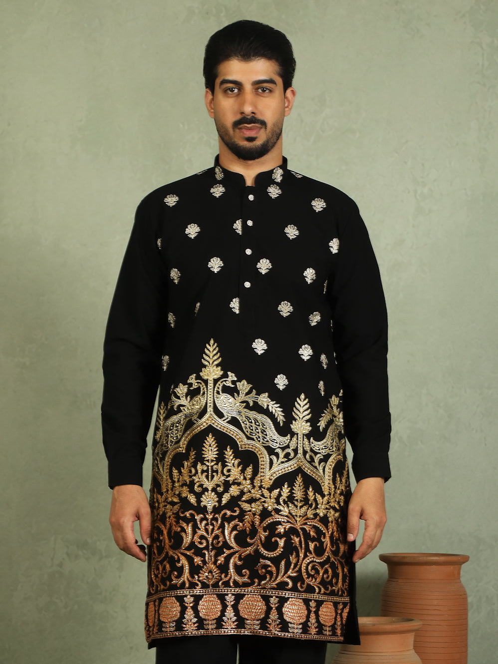 Luxe Men's Japanese Fabric Ethnic Motifs with Zari Birds Embroidered Kurta