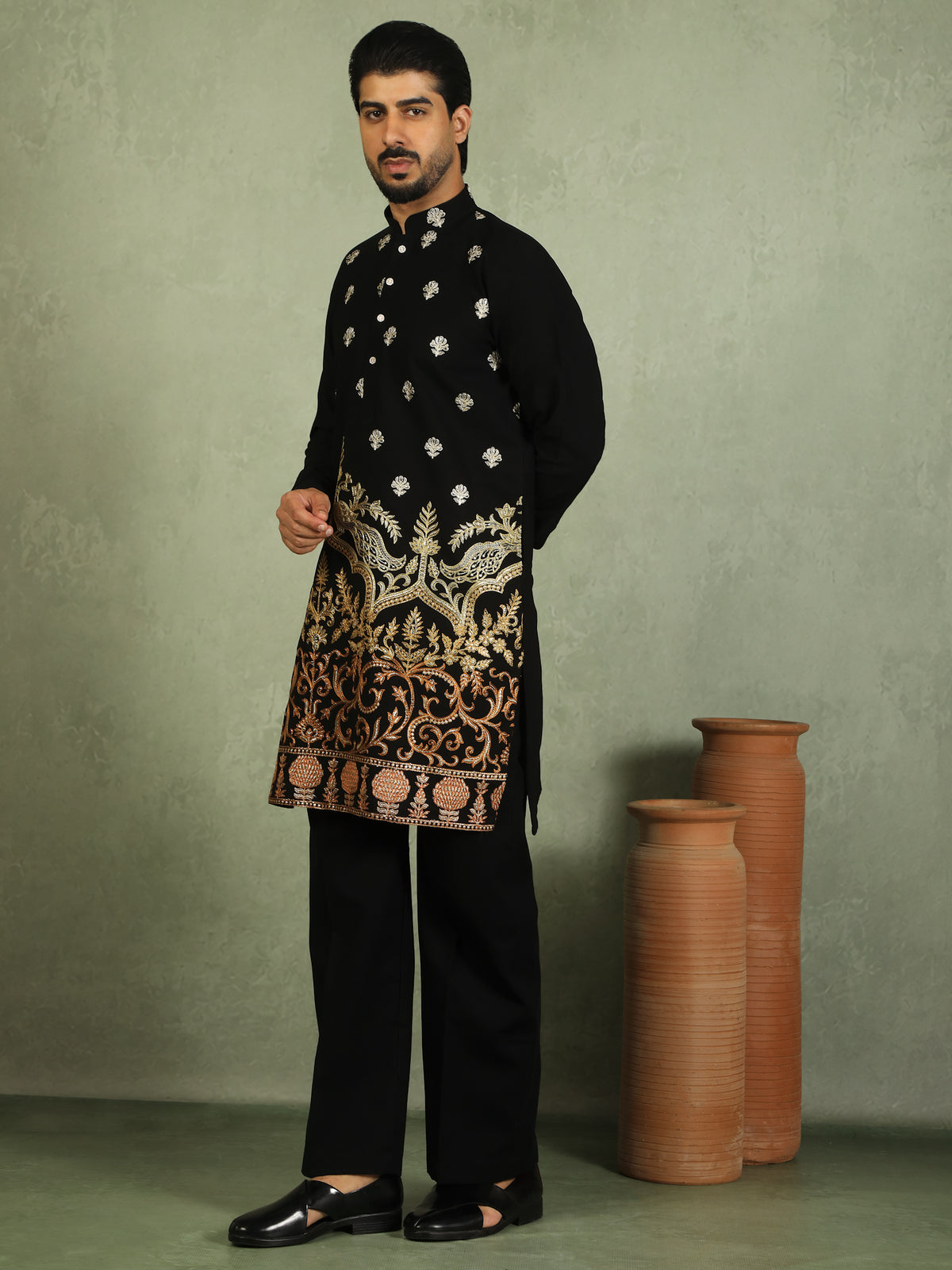 Luxe Men's Japanese Fabric Ethnic Motifs with Zari Birds Embroidered Kurta - Orange
