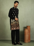 Luxe Men's Japanese Fabric Ethnic Motifs with Zari Birds Embroidered Kurta - Orange