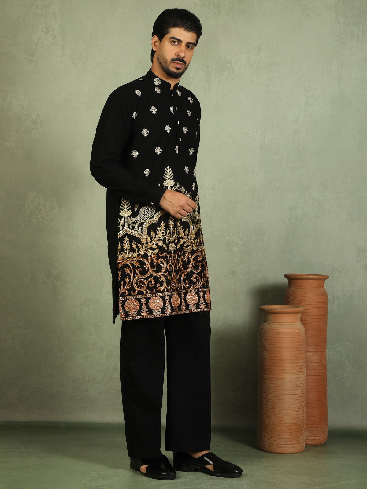Luxe Men's Japanese Fabric Ethnic Motifs with Zari Birds Embroidered Kurta - Orange