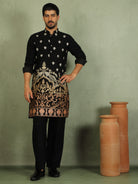 Luxe Men's Japanese Fabric Ethnic Motifs with Zari Birds Embroidered Kurta - Orange