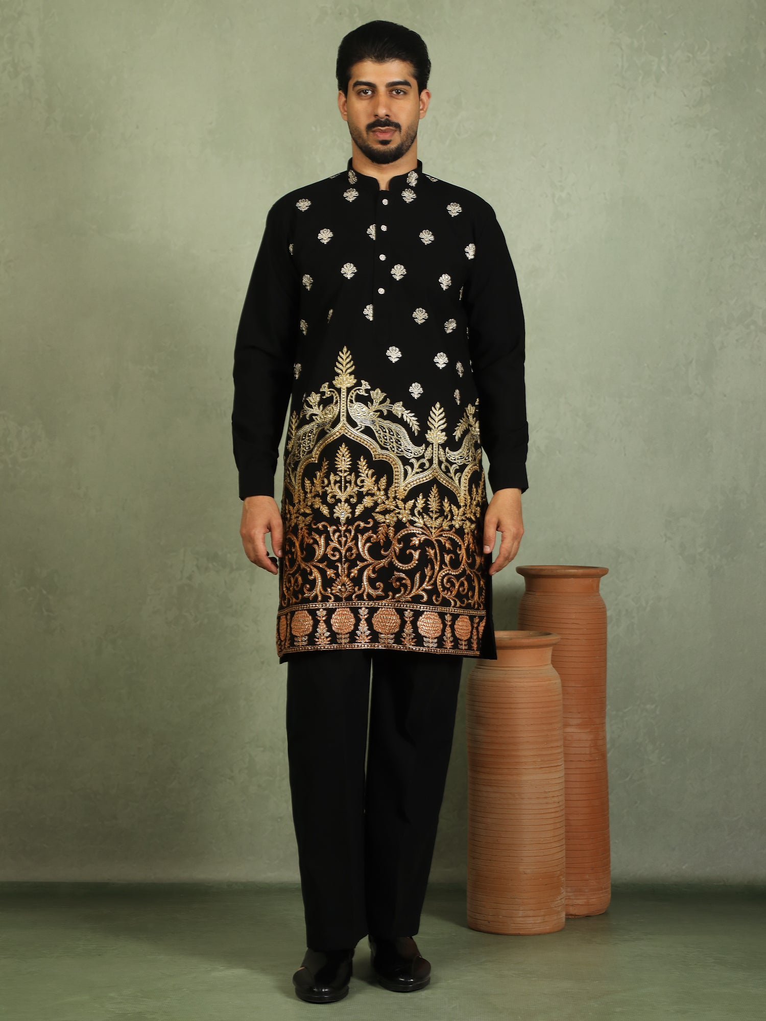 Luxe Men's Japanese Fabric Ethnic Motifs with Zari Birds Embroidered Kurta with Trouser Set - Orange