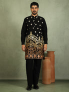Luxe Men's Japanese Fabric Ethnic Motifs with Zari Birds Embroidered Kurta with Trouser Set - Orange