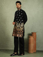 Luxe Men's Japanese Fabric Ethnic Motifs with Zari Birds Embroidered Kurta with Trouser Set - Orange