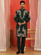 Luxe Men's Japanese Fabric Multi Floral Embroidered with Sequin Work Kurta - Green