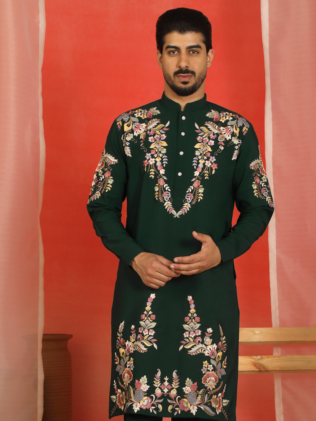Luxe Men's Japanese Fabric Multi Floral Embroidered with Sequin Work Kurta