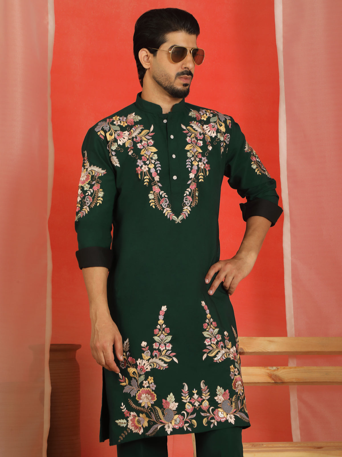 Luxe Men's Japanese Fabric Multi Floral Embroidered with Sequin Work Kurta - Green