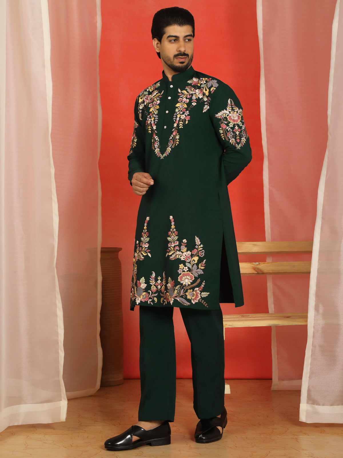 Luxe Men's Japanese Fabric Multi Floral Embroidered with Sequin Work Kurta - Green