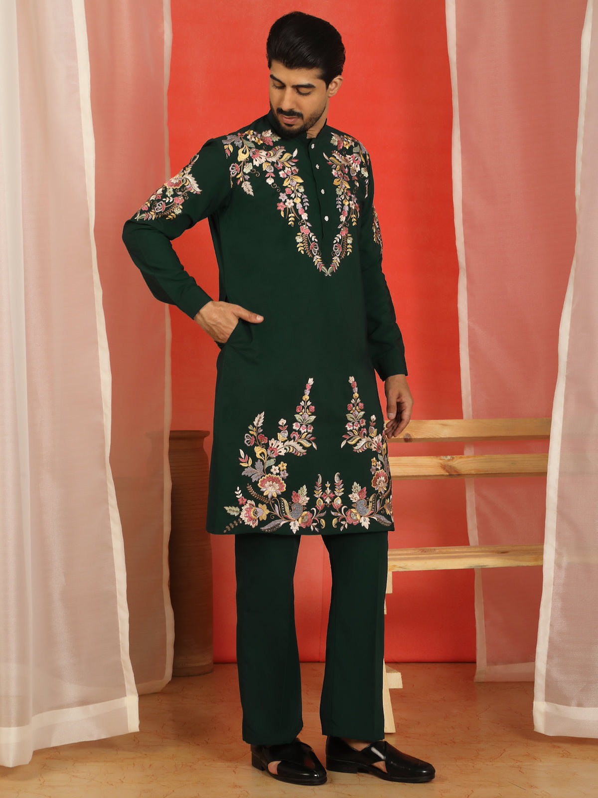 Luxe Men's Japanese Fabric Multi Floral Embroidered with Sequin Work Kurta - Green