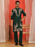 Luxe Men's Japanese Fabric Multi Floral Embroidered with Sequin Work Kurta - Green