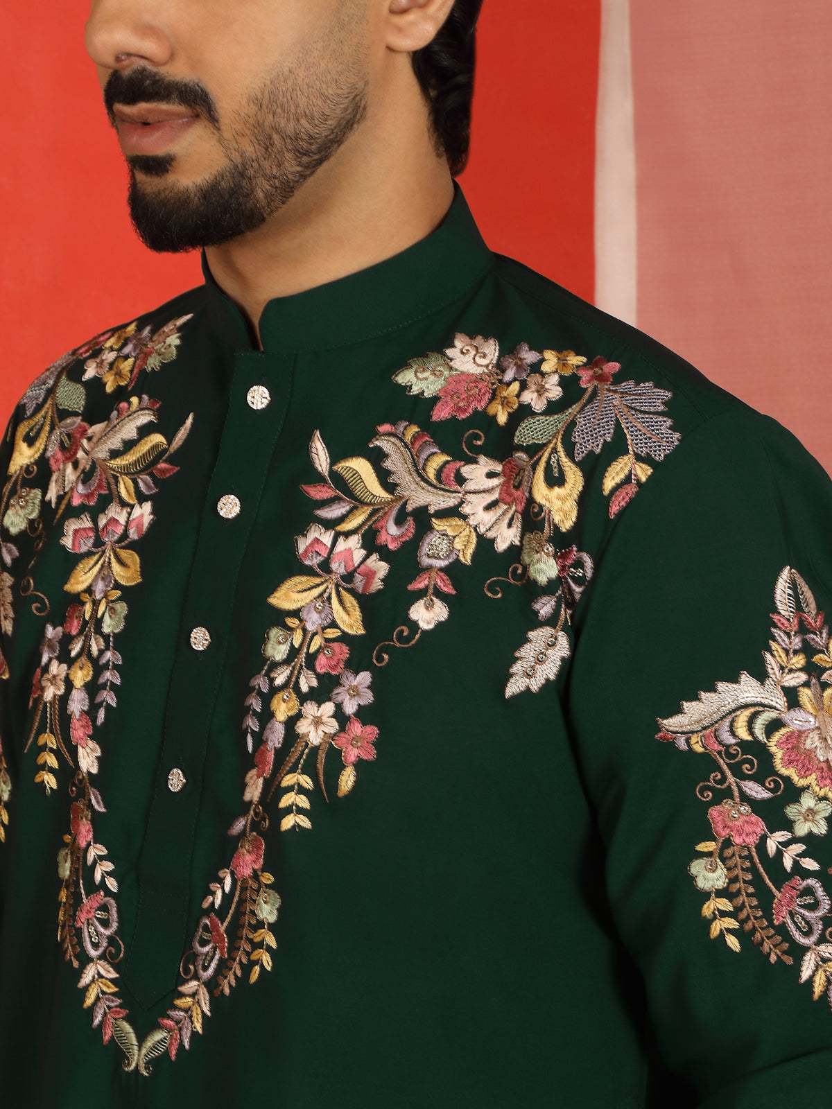 Luxe Men's Japanese Fabric Multi Floral Embroidered with Sequin Work Kurta with Trouser Set - Green