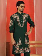 Luxe Men's Japanese Fabric Multi Floral Embroidered with Sequin Work Kurta with Trouser Set - Green