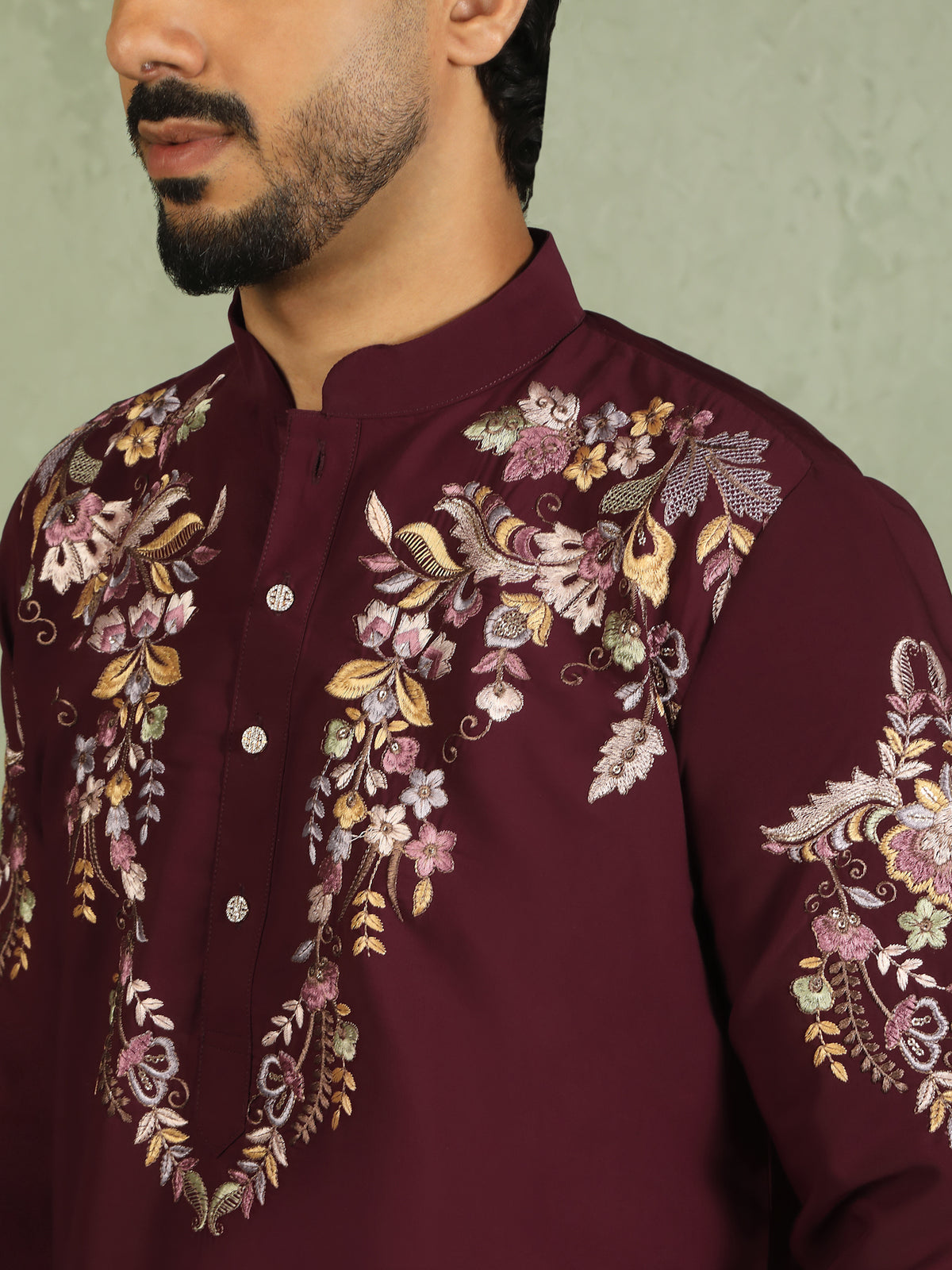 Luxe Men's Japanese Fabric Multi Floral Embroidered with Sequin Work Kurta - Mehndi