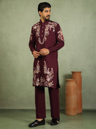 Luxe Men's Japanese Fabric Multi Floral Embroidered with Sequin Work Kurta - Mehndi