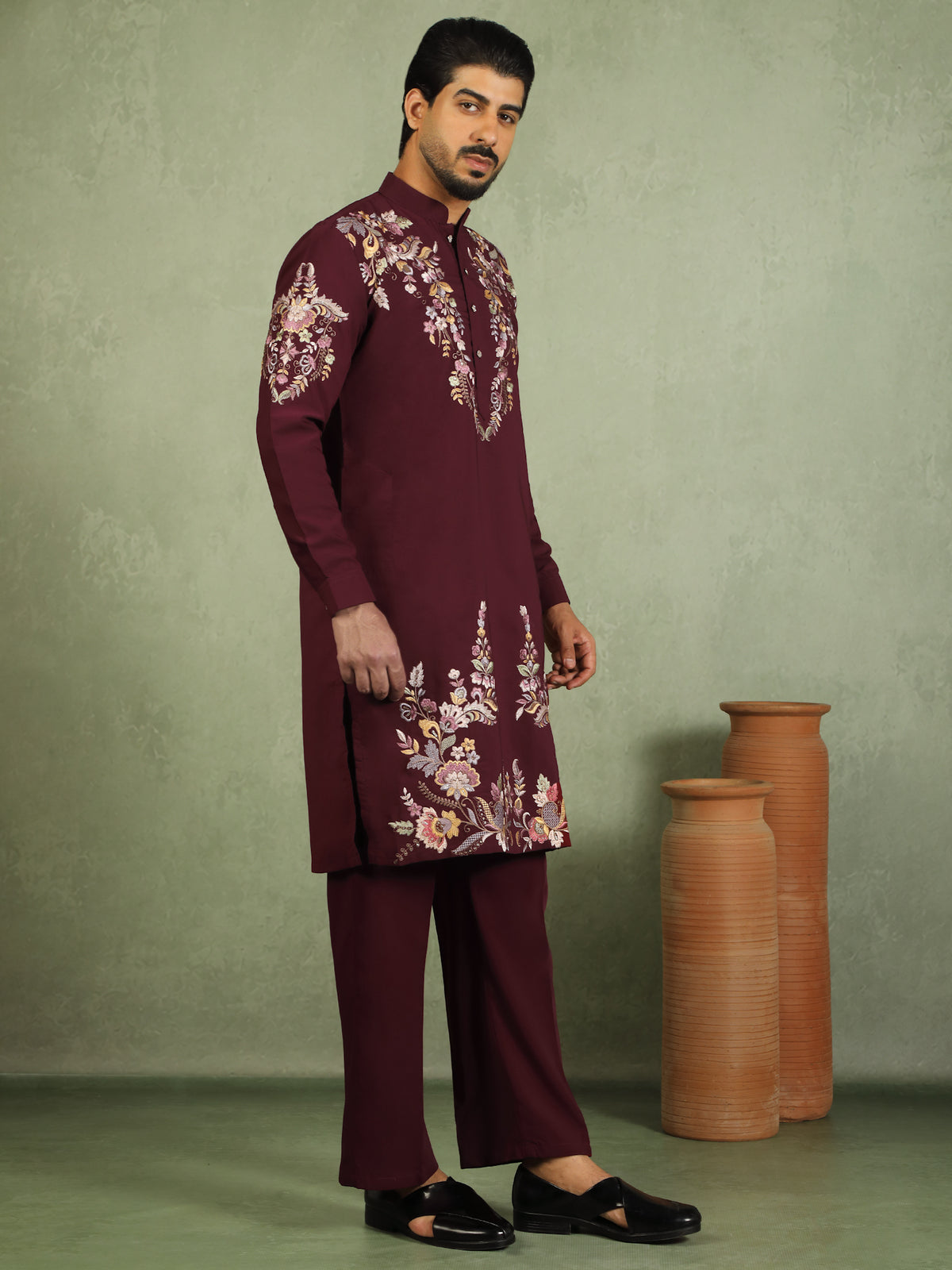 Luxe Men's Japanese Fabric Multi Floral Embroidered with Sequin Work Kurta - Mehndi