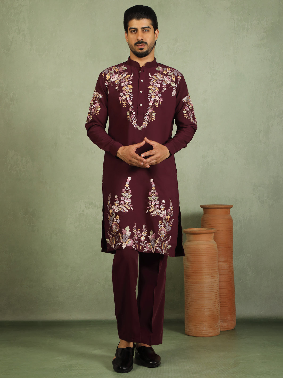 Luxe Men's Japanese Fabric Multi Floral Embroidered with Sequin Work Kurta with Trouser Set - Maroon