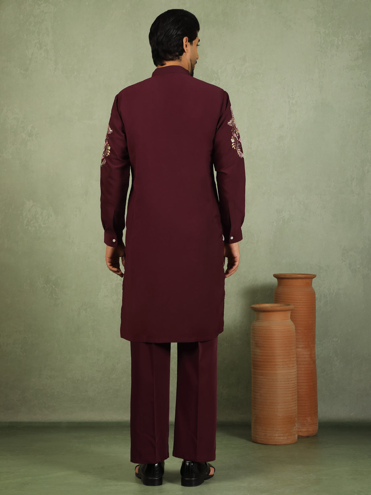 Luxe Men's Japanese Fabric Multi Floral Embroidered with Sequin Work Kurta with Trouser Set - Maroon