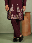 Luxe Men's Japanese Fabric Multi Floral Embroidered with Sequin Work Kurta with Trouser Set - Maroon