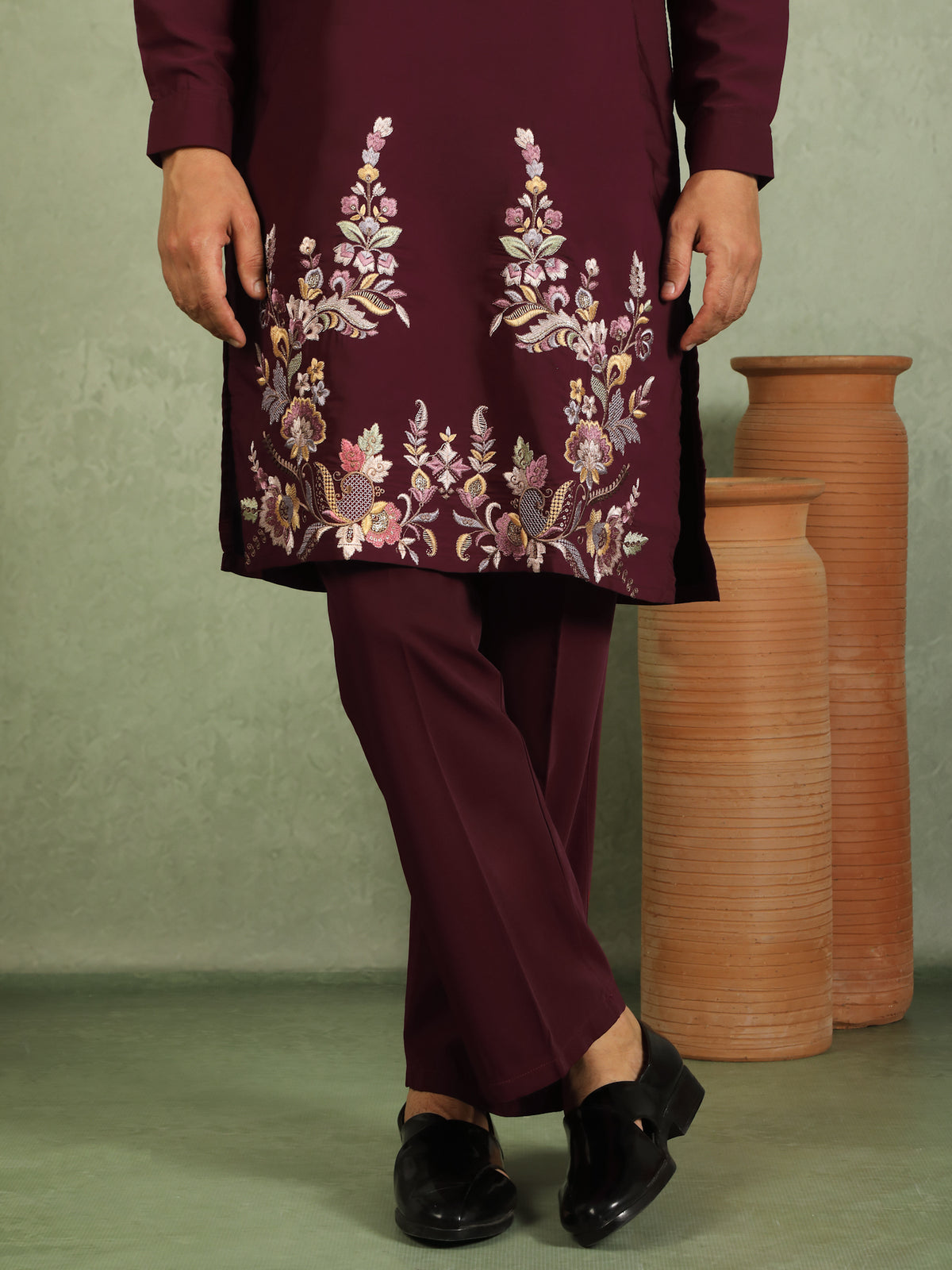 Luxe Men's Japanese Fabric Multi Floral Embroidered with Sequin Work Kurta with Trouser Set - Maroon