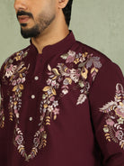 Luxe Men's Japanese Fabric Multi Floral Embroidered with Sequin Work Kurta with Trouser Set - Maroon