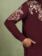 Luxe Men's Japanese Fabric Multi Floral Embroidered with Sequin Work Kurta with Trouser Set - Maroon