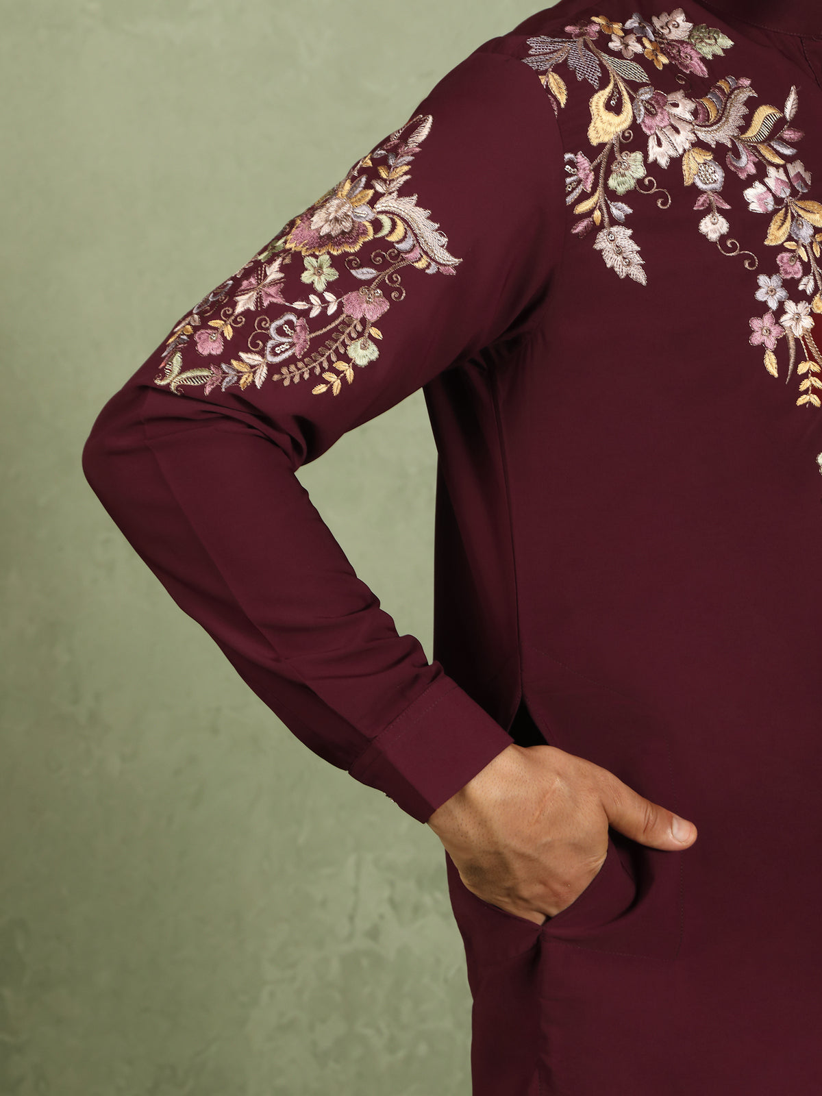 Luxe Men's Japanese Fabric Multi Floral Embroidered with Sequin Work Kurta with Trouser Set - Maroon