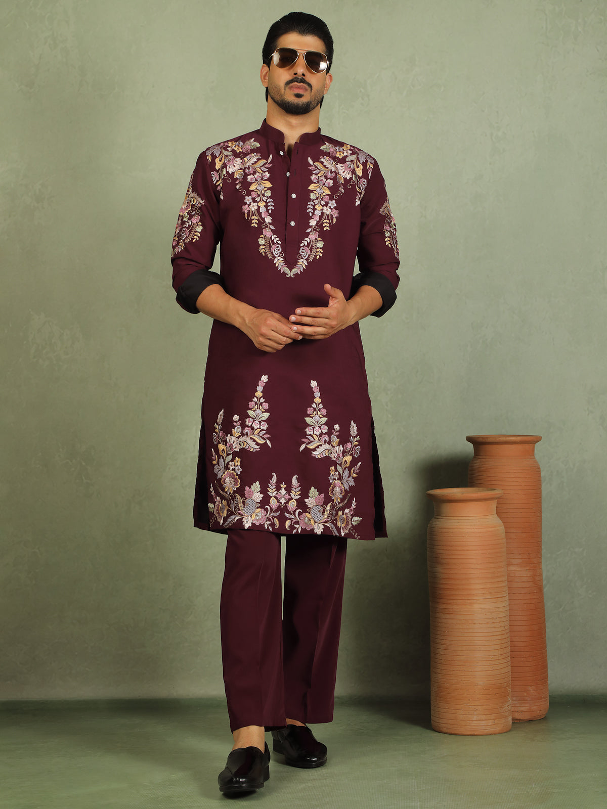 Luxe Men's Japanese Fabric Multi Floral Embroidered with Sequin Work Kurta with Trouser Set - Maroon