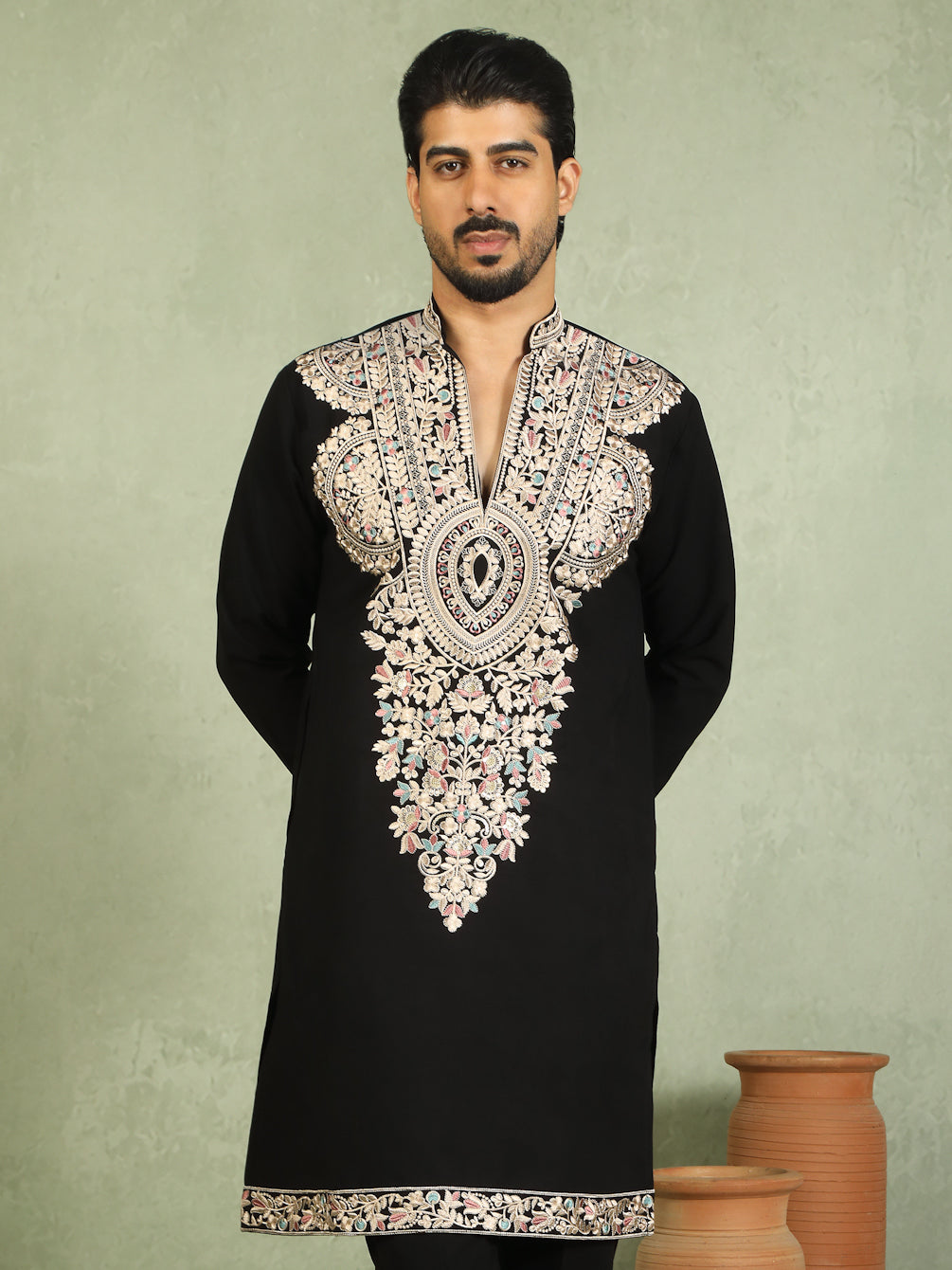 Luxe Men's Japanese Fabric Heavy Yoke Multi Embroidered V-Neck Kurta