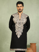 Luxe Men's Japanese Fabric Heavy Yoke Multi Embroidered V-Neck Kurta
