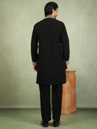 Luxe Men's Japanese Fabric Heavy Yoke Multi Embroidered V-Neck Kurta - Black
