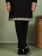 Luxe Men's Japanese Fabric Heavy Yoke Multi Embroidered V-Neck Kurta - Black