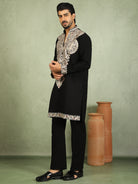 Luxe Men's Japanese Fabric Heavy Yoke Multi Embroidered V-Neck Kurta with Trouser Set - Black