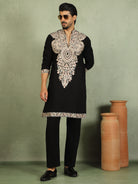 Luxe Men's Japanese Fabric Heavy Yoke Multi Embroidered V-Neck Kurta with Trouser Set - Black
