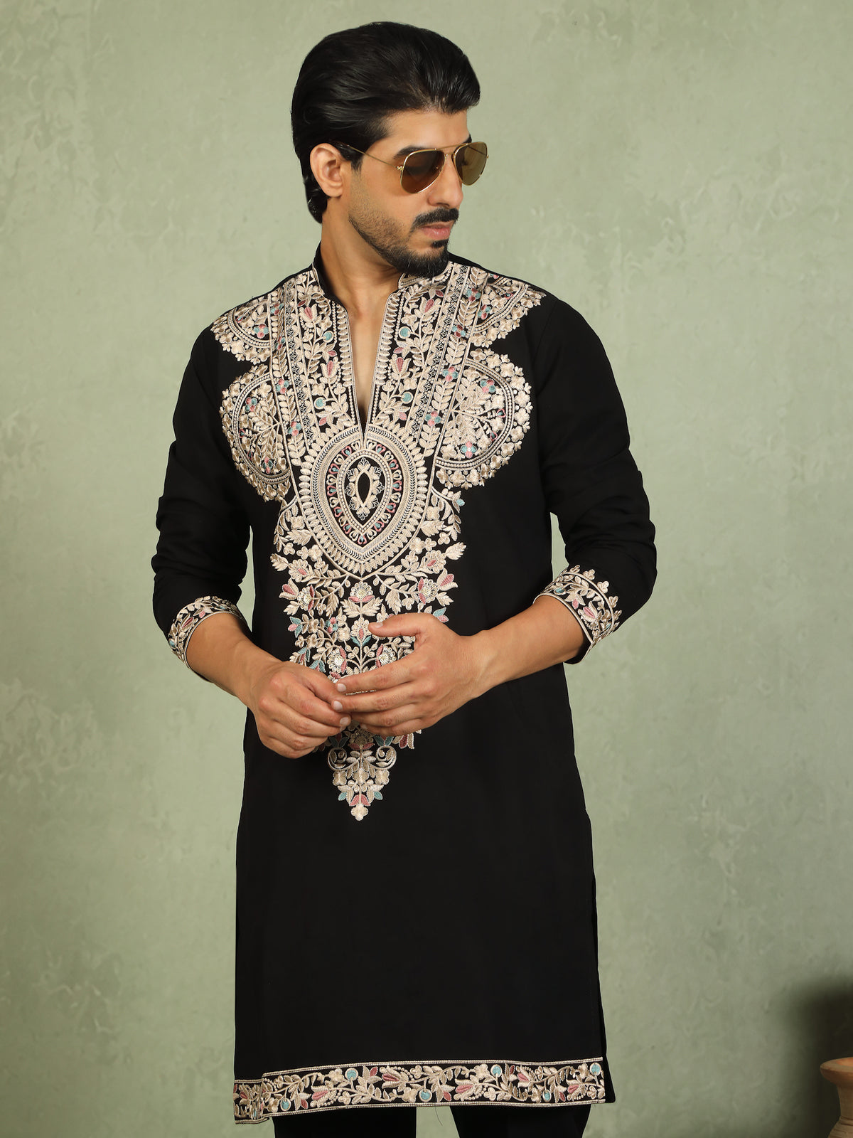 Luxe Men's Japanese Fabric Heavy Yoke Multi Embroidered V-Neck Kurta with Trouser Set - Black
