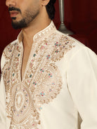 Luxe Men's Japanese Fabric Heavy Yoke Multi Embroidered V-Neck Kurta - Cream