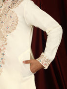 Luxe Men's Japanese Fabric Heavy Yoke Multi Embroidered V-Neck Kurta - Cream