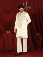 Luxe Men's Japanese Fabric Heavy Yoke Multi Embroidered V-Neck Kurta - Cream