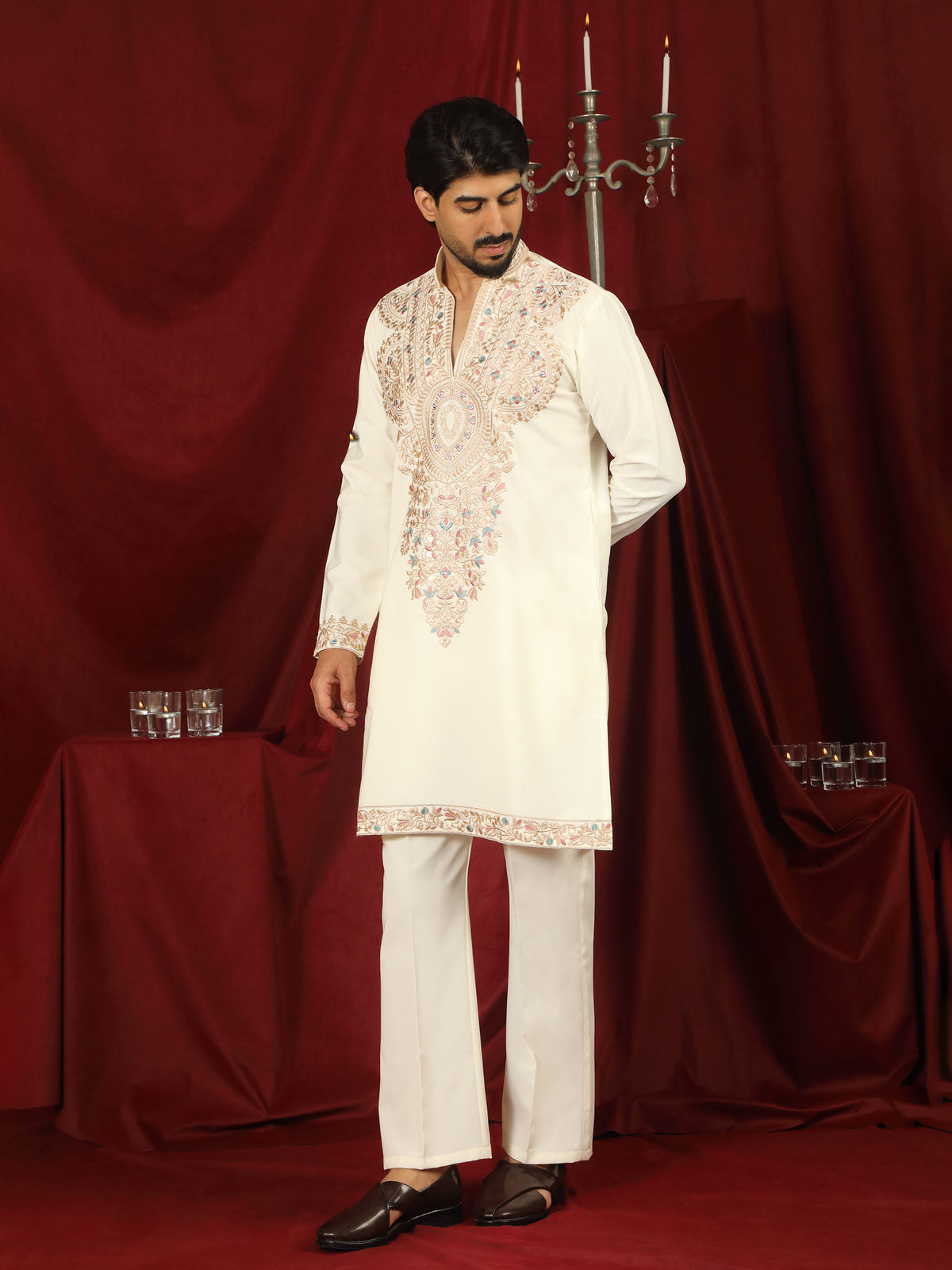Luxe Men's Japanese Fabric Heavy Yoke Multi Embroidered V-Neck Kurta - Cream