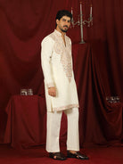 Luxe Men's Japanese Fabric Heavy Yoke Multi Embroidered V-Neck Kurta - Cream